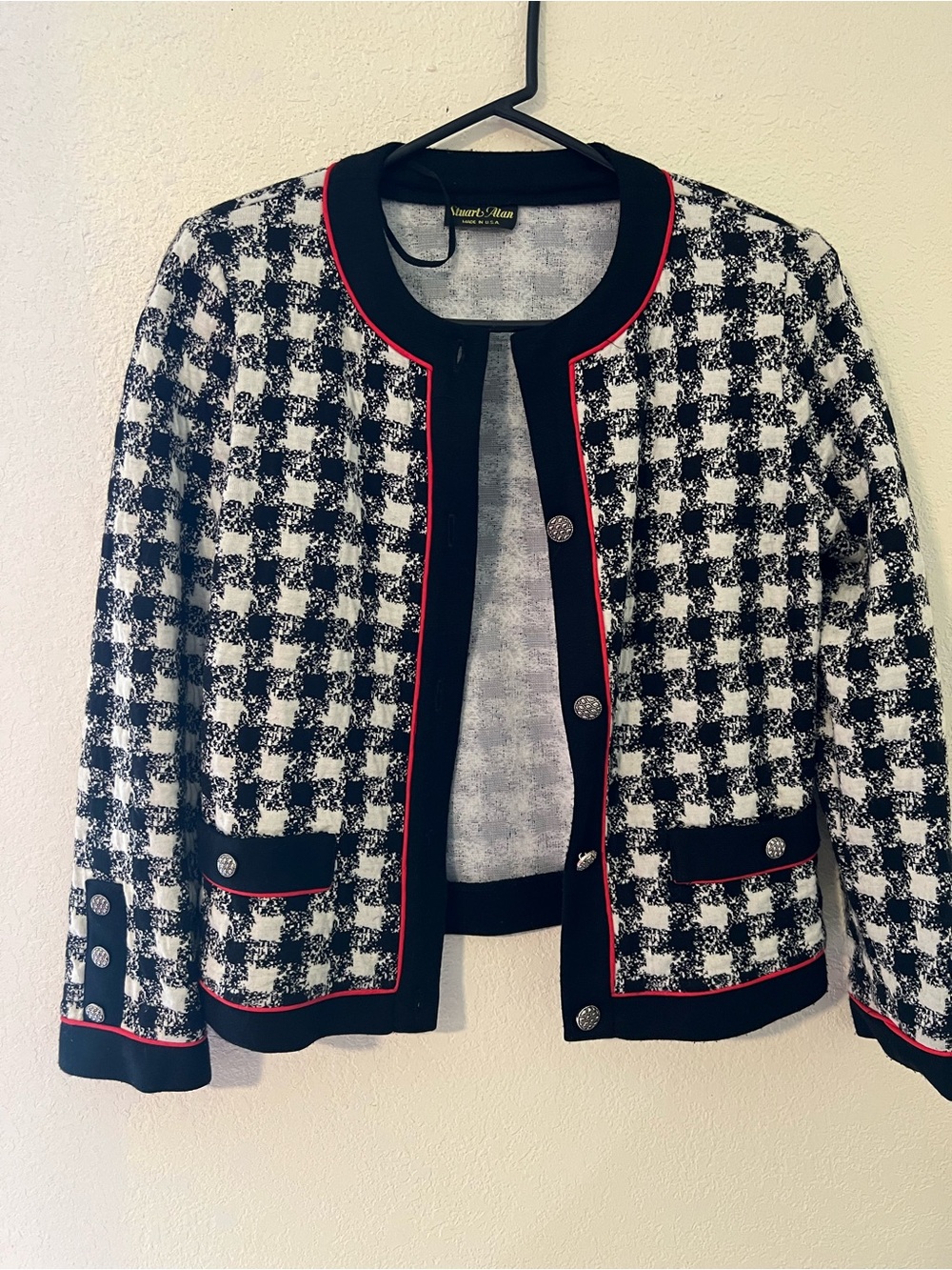 Smart & Sleek Black & White Houndstooth Jacket with Red Trim size M/L